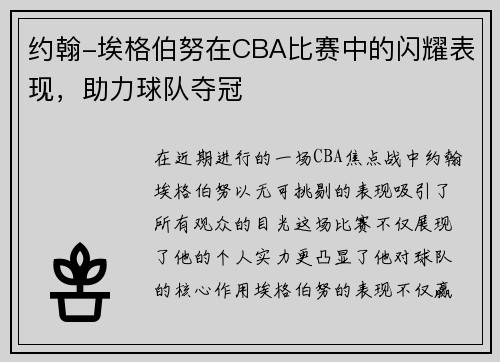 约翰-埃格伯努在CBA比赛中的闪耀表现，助力球队夺冠
