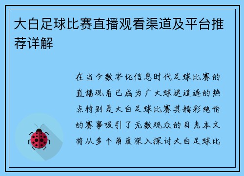 大白足球比赛直播观看渠道及平台推荐详解